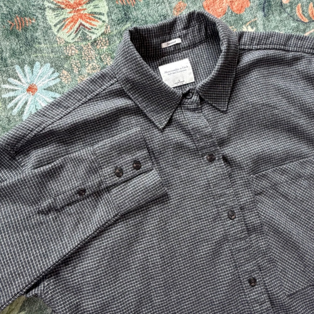 Abercrombie & Fitch Oversized Soft‎ Collection Gray Micro Grid Button Up Shirt L